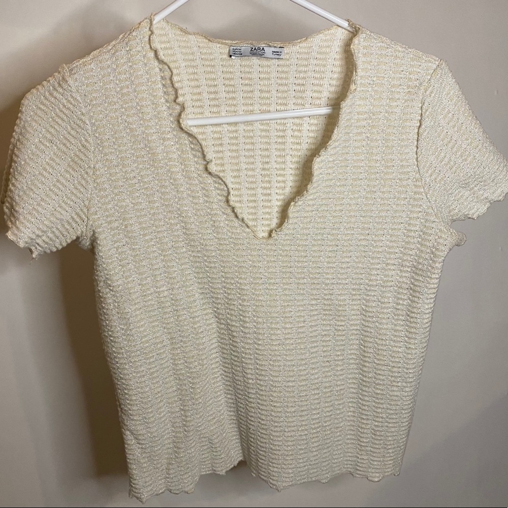 Zara Cream Metallic Knit V-Neck T-shirt
